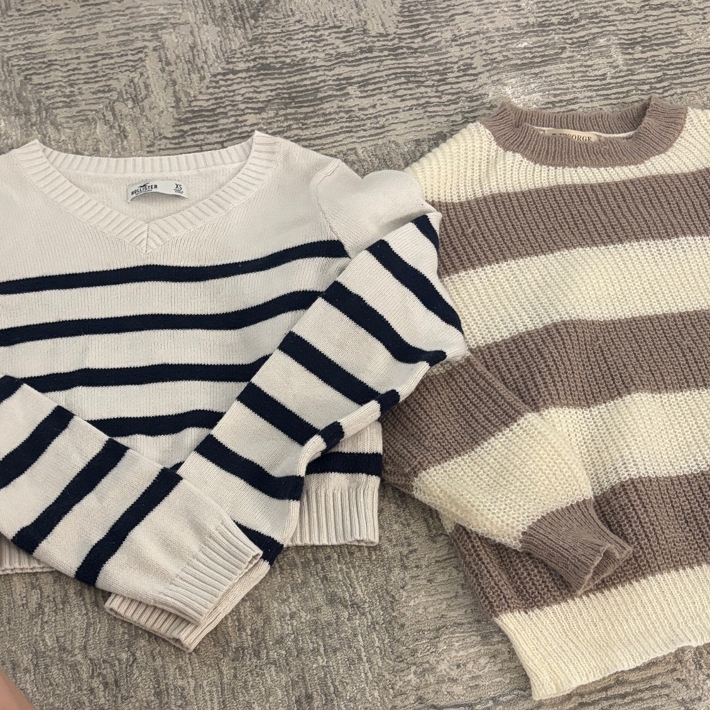Hollister Cream and Black Striped V-Neck Sweater